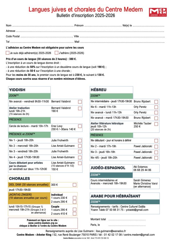 Bulletin d'inscription langues et chorales 2025-2026